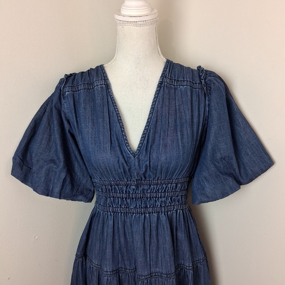 Pilcro Smocked Puff-Sleeve Denim Cotton Dress Size Small - Picture 9 of 12